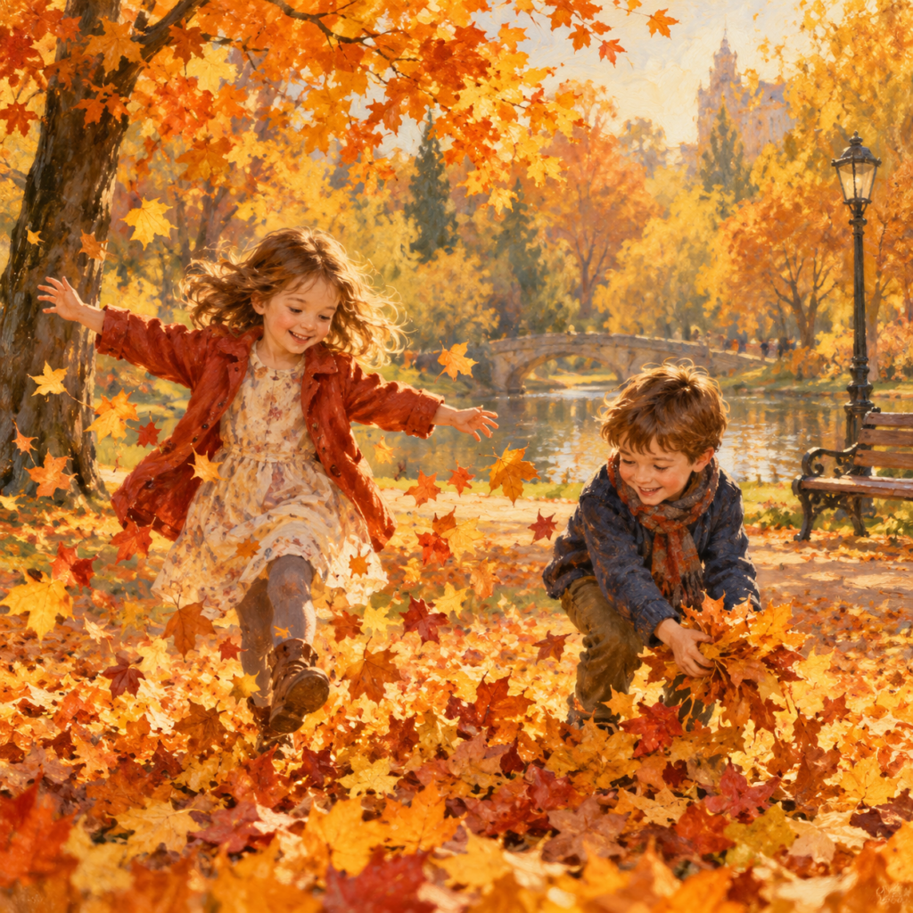Zwei Kinder spielen im bunten Herbstlaub in einem Park.