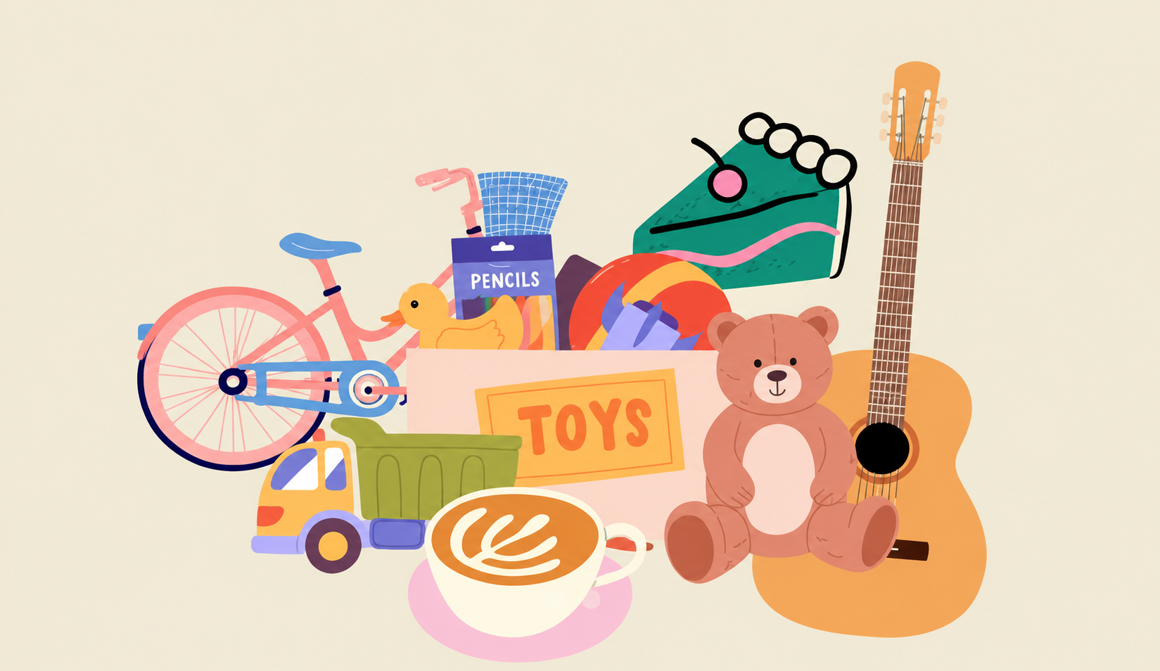 Bunte Illustration mit Fahrrad, Spielzeug, Teddybär, Schuh, Gitarre und Kaffeetasse zum Kinderbasar.